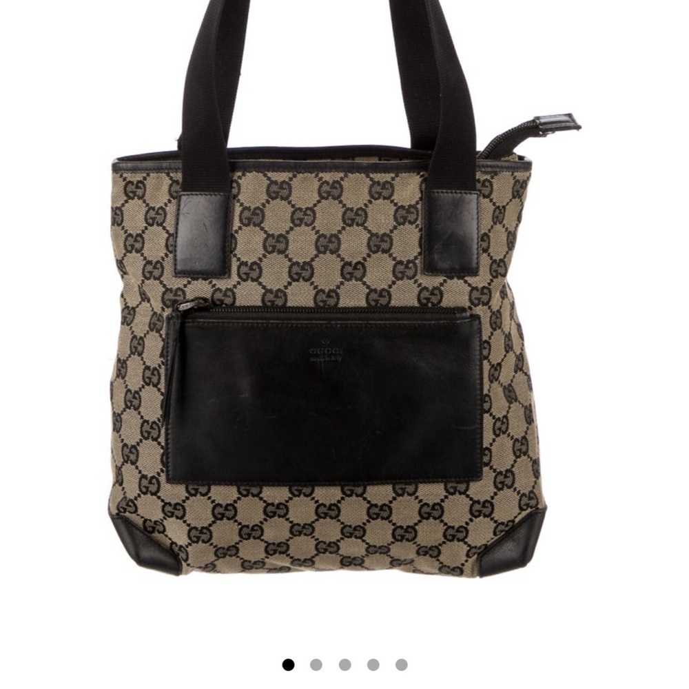 Gucci Beige Monogram Canvas Tote with Black Leather Trim